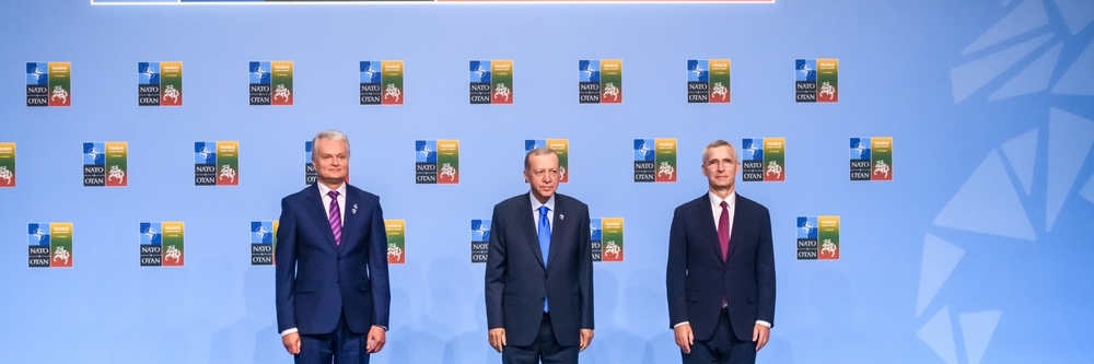 Lithuania President Gitanas Nauseda, Prime Minister Alexander De Croo and NATO Secretary General Jens Stoltenberg pictured during a head of states summit of the NATO